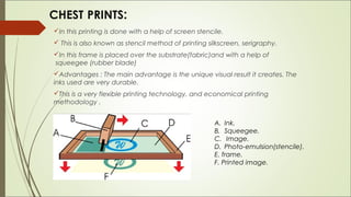 CHEST PRINTS:
In this printing is done with a help of screen stencile.
 This is also known as stencil method of printing silkscreen, serigraphy.
In this frame is placed over the substrate(fabric)and with a help of
 squeegee (rubber blade)
Advantages : The main advantage is the unique visual result it creates. The
inks used are very durable.
This is a very flexible printing technology, and economical printing
methodology .


                                                      A. Ink.
                                                      B. Squeegee.
                                                      C. Image.
                                                      D. Photo-emulsion(stencile).
                                                      E. frame.
                                                      F. Printed image.
 