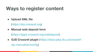 Ways to register content
● Upload XML file
(https://doi.crossref.org)
● Manual web deposit form
(https://apps.crossref.org...