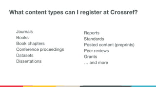 What content types can I register at Crossref?
Journals
Books
Book chapters
Conference proceedings
Datasets
Dissertations
Reports
Standards
Posted content (preprints)
Peer reviews
Grants
… and more
 