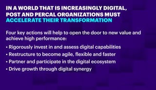 IN A WORLD THAT IS INCREASINGLY DIGITAL,
POST AND PARCEL ORGANIZATIONS MUST
ACCELERATE THEIR TRANSFORMATION
Four key actio...
