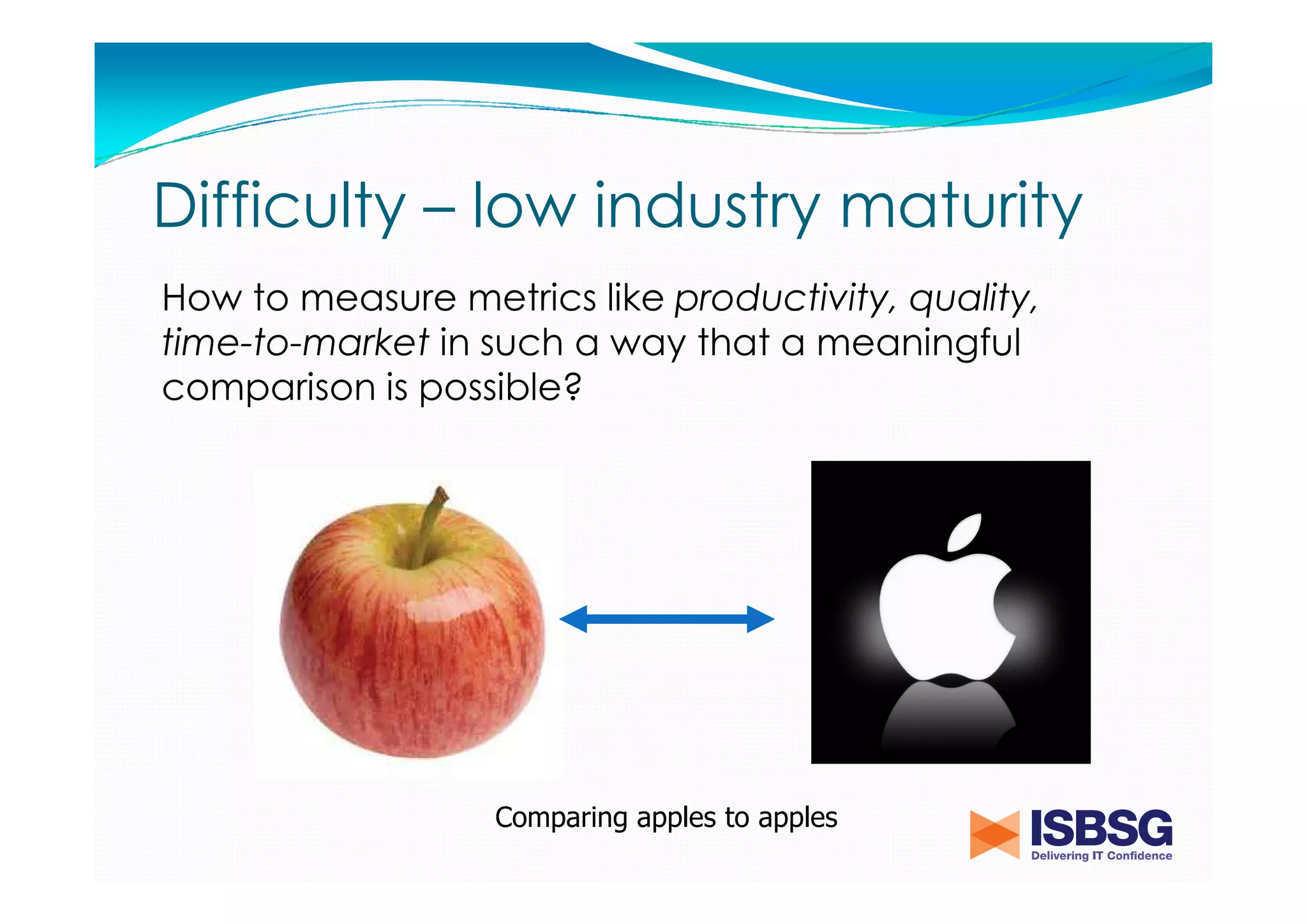 Difficulty – low industry maturity
How to measure metrics like productivity, quality,
time-to-market in such a way that a meaningful
comparison is possible?

Comparing apples to apples

 