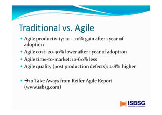 Traditional vs. Agile
Agile productivity: 10 – 20% gain after 1 year of
adoption
Agile cost: 20-40% lower after 1 year of adoption
Agile time-to-market: 10-60% less
Agile quality (post production defects): 2-8% higher
10 Take Aways from Reifer Agile Report
(www.isbsg.com)

 