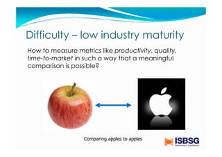 Difficulty – low industry maturity
How to measure metrics like productivity, quality,
time-to-market in such a way that a meaningful
comparison is possible?

Comparing apples to apples

 