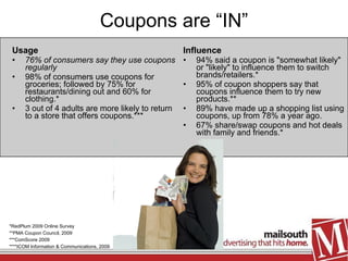 Coupons are “IN” Usage 76% of consumers say they use coupons regularly 98% of consumers use coupons for groceries; followed by 75% for restaurants/dining out and 60% for clothing.* 3 out of 4 adults are more likely to return to a store that offers coupons.*** Influence 94% said a coupon is "somewhat likely" or "likely" to influence them to switch brands/retailers.* 95% of coupon shoppers say that coupons influence them to try new products.** 89% have made up a shopping list using coupons, up from 78% a year ago. 67% share/swap coupons and hot deals with family and friends.* *RedPlum 2009 Online Survey **PMA Coupon Council, 2009 ***ComScore 2009 ****ICOM Information & Communications, 2009 