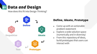 Data and Design
01
How does this fit into Design Thinking?
Define, Ideate, Prototype
● Come up with an actionable
problem statement
● Explore a wide solution space
(numerically and in diversity)
● From this repository of ideas,
build prototypes that users can
interact with
Empathise Ideate
Prototype
Test
Define
 