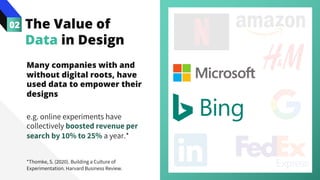 02
*Thomke, S. (2020). Building a Culture of
Experimentation. Harvard Business Review.
The Value of
Data in Design
Many companies with and
without digital roots, have
used data to empower their
designs
e.g. online experiments have
collectively boosted revenue per
search by 10% to 25% a year.*
 