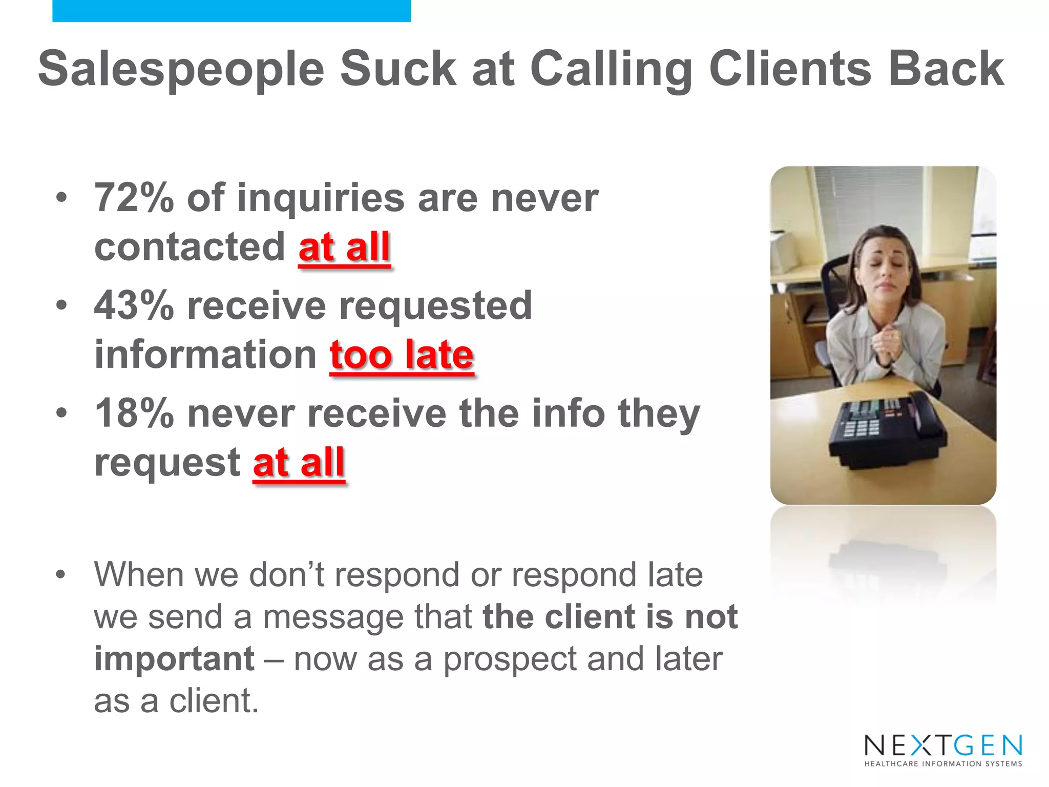 Salespeople Suck at Calling Clients Back 
•72% of inquiries are never contacted at all 
•43% receive requested information too late 
•18% never receive the info they request at all 
•When we don’t respond or respond late we send a message that the client is not important – now as a prospect and later as a client.  