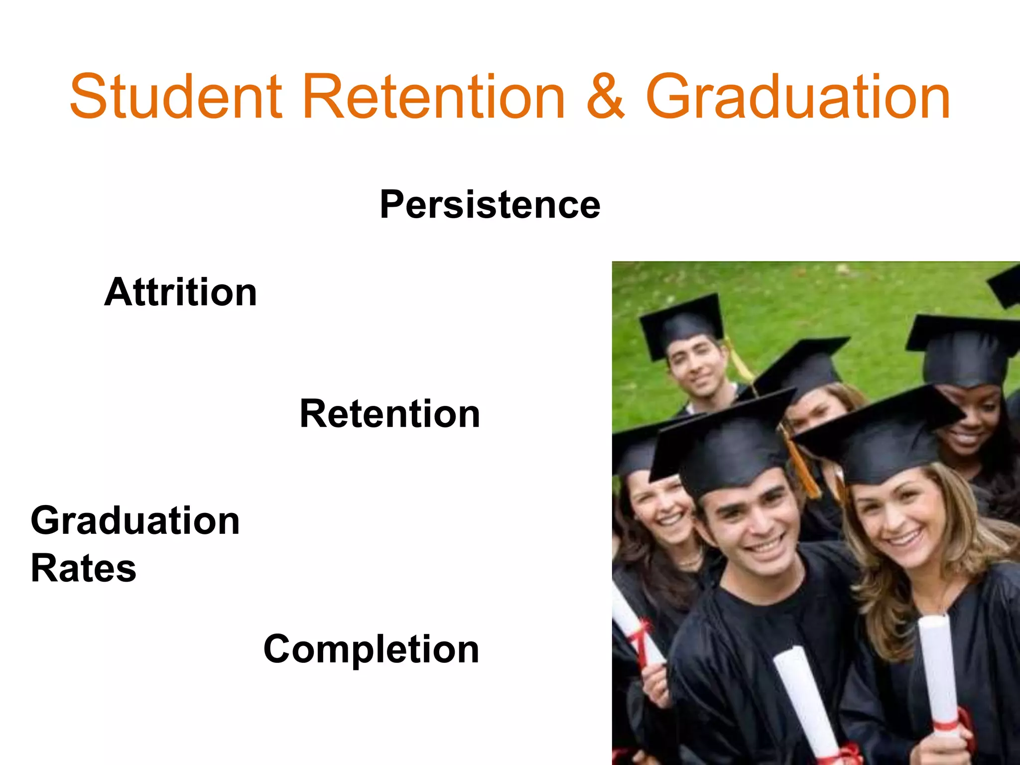 Student Retention & Graduation
Attrition
Retention
Persistence
Completion
Graduation
Rates
 