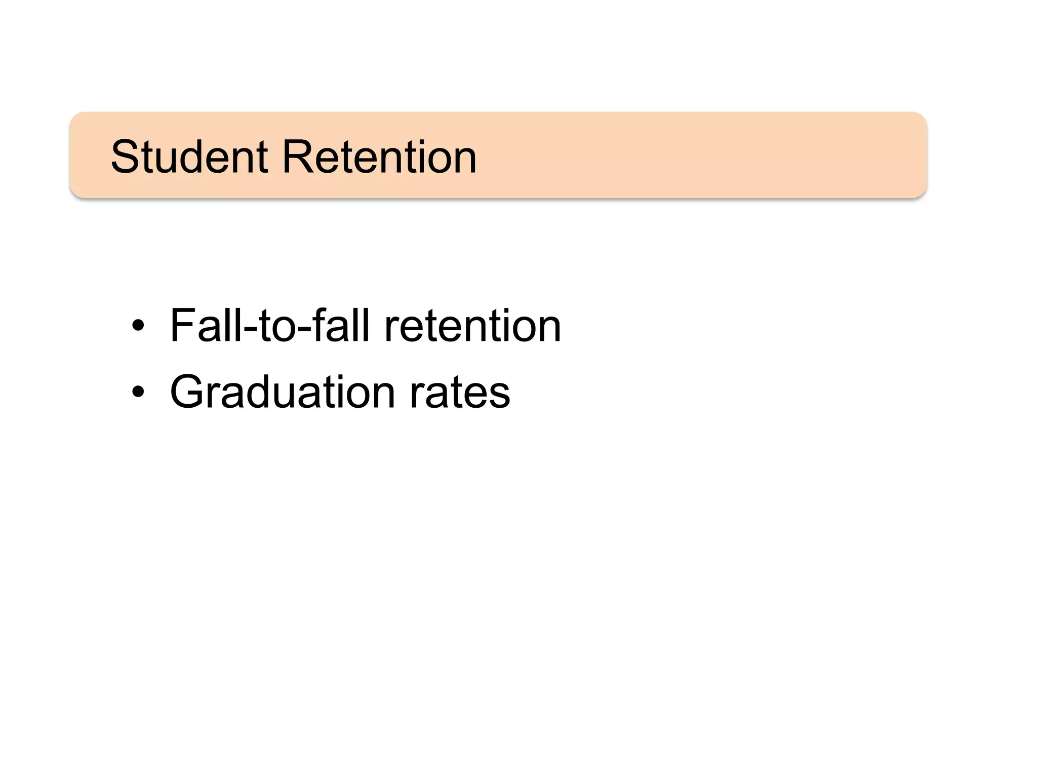 • Fall-to-fall retention
• Graduation rates
Student Retention
 