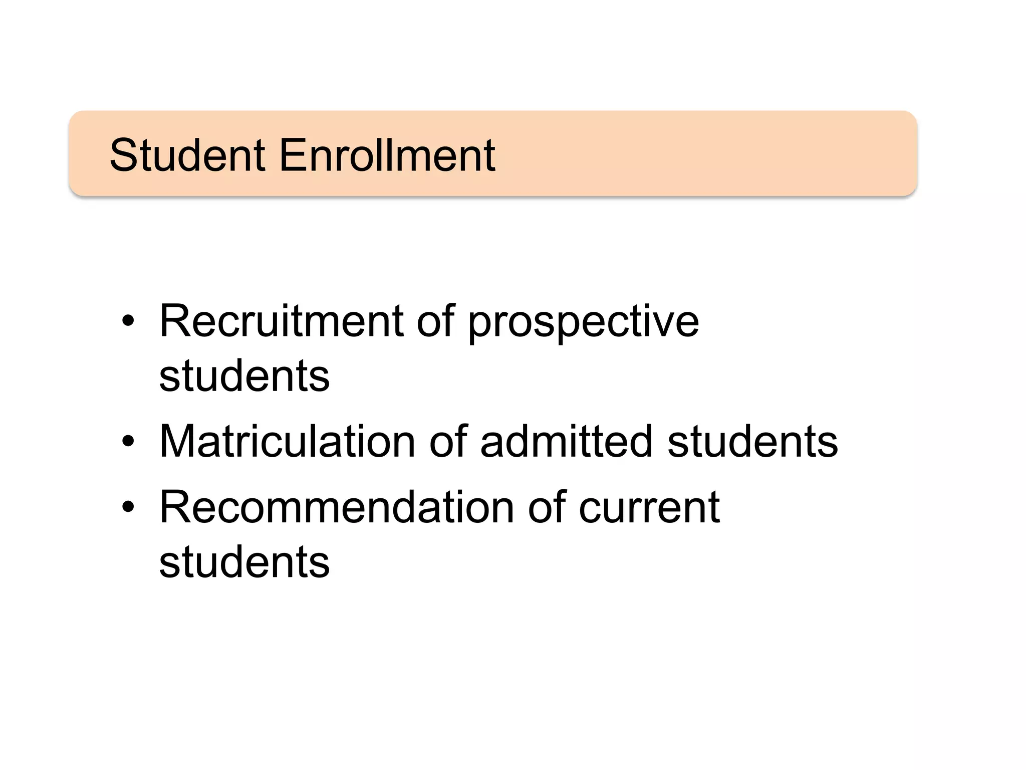 • Recruitment of prospective
students
• Matriculation of admitted students
• Recommendation of current
students
Student Enrollment
 
