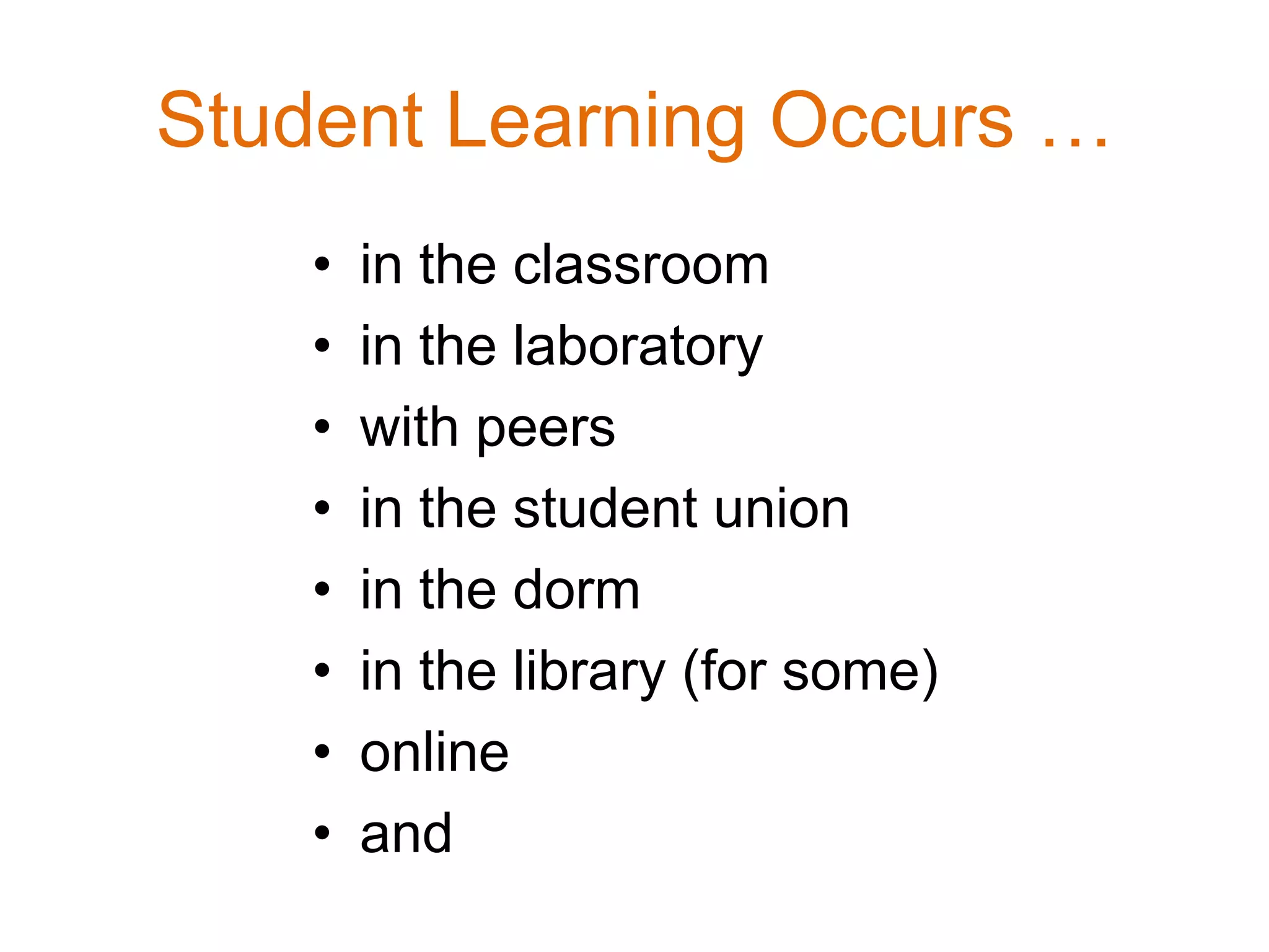 Student Learning Occurs …
• in the classroom
• in the laboratory
• with peers
• in the student union
• in the dorm
• in the library (for some)
• online
• and
 