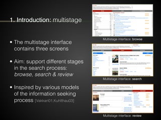 2. Our Participation
• What is the value of a multistage interface
for book search?!
!
1. influence on task duration, book...