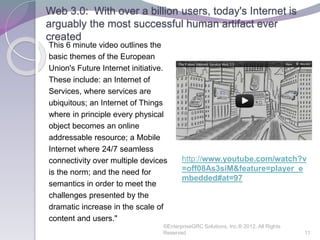Web 3.0: With over a billion users, today's Internet is
arguably the most successful human artifact ever
created
This 6 minute video outlines the
basic themes of the European
Union's Future Internet initiative.
These include: an Internet of
Services, where services are
ubiquitous; an Internet of Things
where in principle every physical
object becomes an online
addressable resource; a Mobile
Internet where 24/7 seamless
connectivity over multiple devices
is the norm; and the need for
semantics in order to meet the
challenges presented by the
dramatic increase in the scale of
content and users."
©EnterpriseGRC Solutions, Inc.® 2012, All Rights
Reserved 11
http://www.youtube.com/watch?v
=off08As3siM&feature=player_e
mbedded#at=97
 