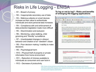 Risks in Life Logging - ENISA
 R1 – Breach of privacy
 R2 – Inappropriate secondary use of data
 R3 – Malicious attacks on smart devices
increase as their value to authenticate
individuals and store personal data increases
 R4 – Compliance with and enforcement of
data protection legislation made more difficult
 R5 – Discrimination and exclusion
 R6 – Monitoring, cyber-stalking, child
grooming and “friendly” surveillance
 R7 – Unanticipated changes in citizens’
behavior and creation of an “obedient” citizen
 R8 – Poor decision making / inability to make
decisions
 R9 – Psychological harm
 R10 – Physical theft of property or private
information from home environment
 R11 – Reduction of choices available to
individuals as consumers and user lock-in
 R12 – Decrease of productivity
To log or not to log? - Risks and benefits
of emerging life-logging applications
http://www.enisa.europa.eu/activities/risk-management/emerging-and-future-
risk/deliverables/life-logging-risk-assessment/to-log-or-not-to-log-risks-and-benefits-of-
emerging-life-logging-applications
 