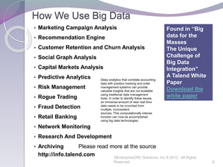 How We Use Big Data
 Marketing Campaign Analysis
 Recommendation Engine
 Customer Retention and Churn Analysis
 Social Graph Analysis
 Capital Markets Analysis
 Predictive Analytics
 Risk Management
 Rogue Trading
 Fraud Detection
 Retail Banking
 Network Monitoring
 Research And Development
 Archiving Please read more at the source
http://info.talend.com ©EnterpriseGRC Solutions, Inc.® 2012, All Rights
Reserved 6
Found in “Big
data for the
Masses
The Unique
Challenge of
Big Data
Integration”
A Talend White
Paper
Download the
white paper
Deep analytics that correlate accounting
data with position tracking and order
management systems can provide
valuable insights that are not available
using traditional data management
tools. In order to identify these issues,
an immense amount of near real time
data needs to be crunched from
multiple, inconsistent
sources. This computationally intense
function can now be accomplished
using big data technologies.
 