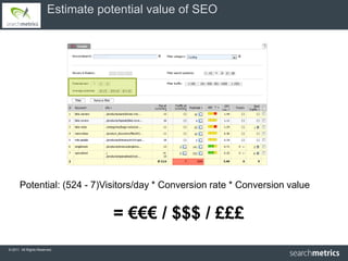 Estimate potential value of SEO




      Potential: (524 - 7)Visitors/day * Conversion rate * Conversion value


                                   = €€€ / $$$ / £££
© 2011 All Rights Reserved.
 
