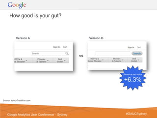 How good is your gut?



           Version A                                Version B




                                               vs



                                                                   Revenue per visitor

                                                                   +6.3%


Source: WhichTestWon.com




                                                                Google Confidential and Proprietary   3
   Google Analytics User Conference – Sydney                          #GAUCSydney
 