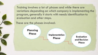 Training involves a lot of phases and while there are
variations depending on which company is implementing the
program, generally it starts with needs identification to
evaluation and other steps.
These are the phases involved:
Planning
Phase Implementation
Phase
Evaluation
and Revision
Phase
 