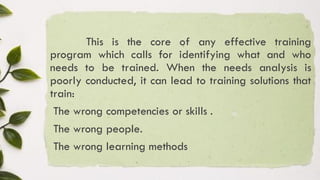 This is the core of any effective training
program which calls for identifying what and who
needs to be trained. When the needs analysis is
poorly conducted, it can lead to training solutions that
train:
The wrong competencies or skills .
The wrong people.
The wrong learning methods
 
