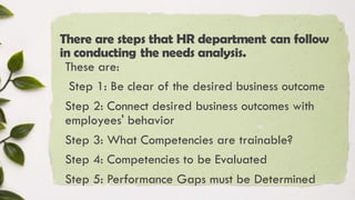 There are steps that HR department can follow
in conducting the needs analysis.
These are:
Step 1: Be clear of the desired business outcome
Step 2: Connect desired business outcomes with
employees' behavior
Step 3: What Competencies are trainable?
Step 4: Competencies to be Evaluated
Step 5: Performance Gaps must be Determined
 