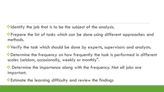 ❖Identify the job that is to be the subject of the analysis.
❖Prepare the list of tasks which can be done using different approaches and
methods.
❖Verify the task which should be done by experts, supervisors and analysts.
❖Determine the frequency on how frequently the task is performed in different
scales (seldom, occasionally, weekly or monthly".
❖ Determine the importance along with the frequency. Not all jobs are
important.
❖Estimate the learning difficulty and review the findings
 