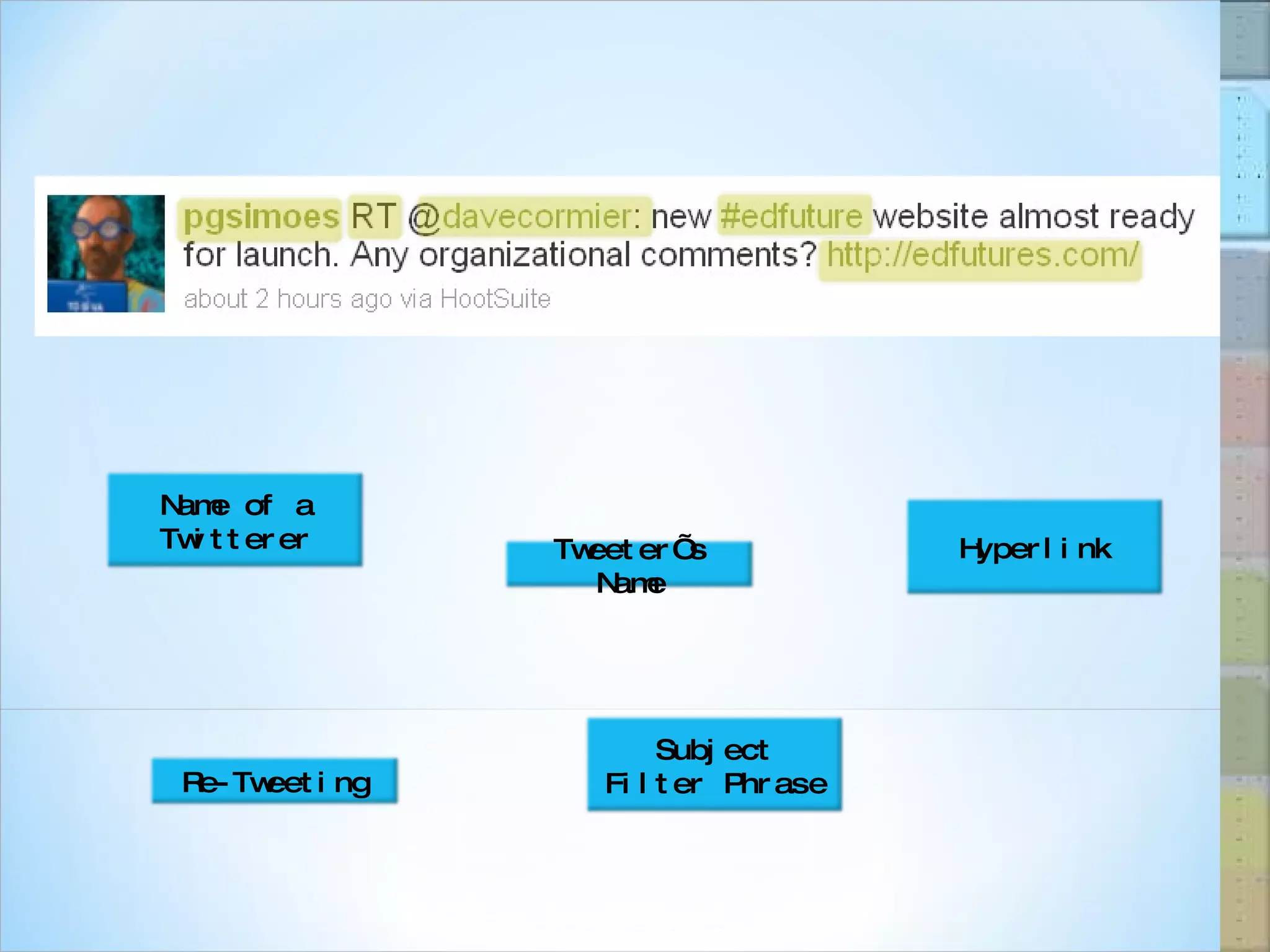 Tweeter’s Name Re-Tweeting Name of a Twitterer Subject Filter Phrase Hyperlink 