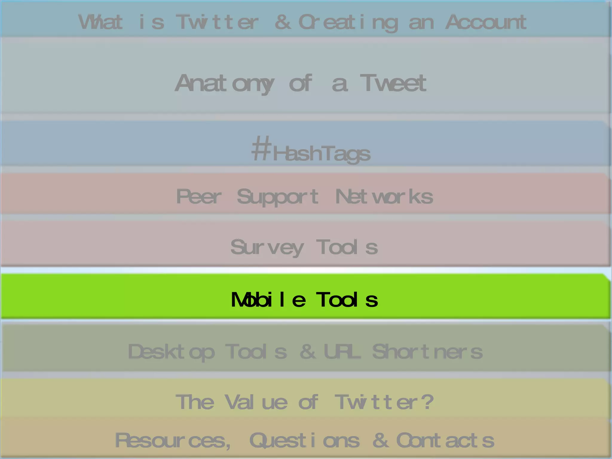 Peer Support Networks Anatomy of a Tweet # HashTags What is Twitter & Creating an Account Desktop Tools & URL Shortners The Value of Twitter? Mobile Tools Resources, Questions & Contacts Survey Tools 