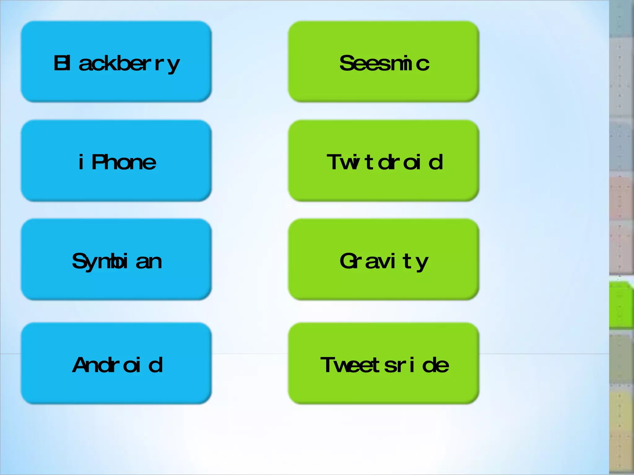 Blackberry iPhone Symbian Android Seesmic Twitdroid Gravity Tweetsride 