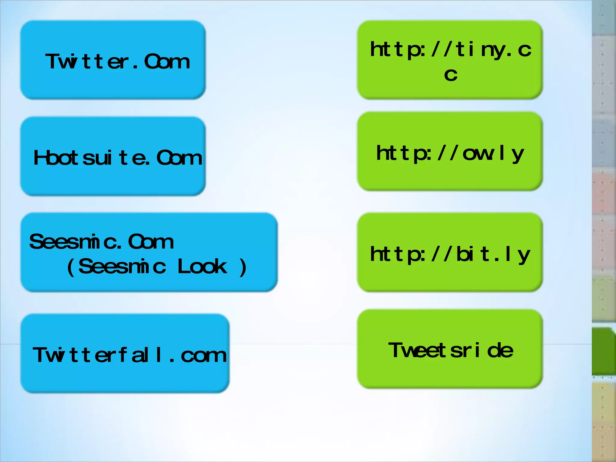 Twitter.Com Hootsuite.Com Seesmic.Com  (Seesmic Look ) Twitterfall.com http://tiny.cc http://ow.ly http://bit.ly Tweetsride 
