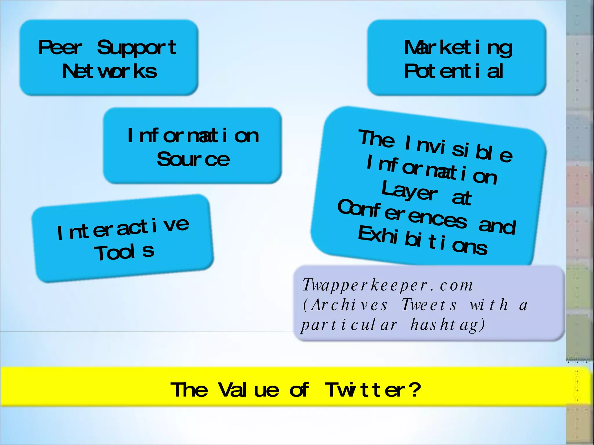 The Value of Twitter? Peer Support Networks Information Source Marketing Potential The Invisible Information Layer at Conferences and Exhibitions Interactive Tools Twapperkeeper.com  (Archives Tweets with a particular hashtag) 