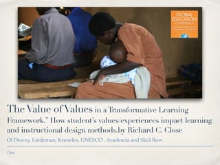 Presenter Name:! 
Richard C. Close! 
! 
Presentation Title: 
“The Value of Values” in a Transformation Learning Framework.” 
How student’s values/experiences impact learning and 
instructional design methods. 
 