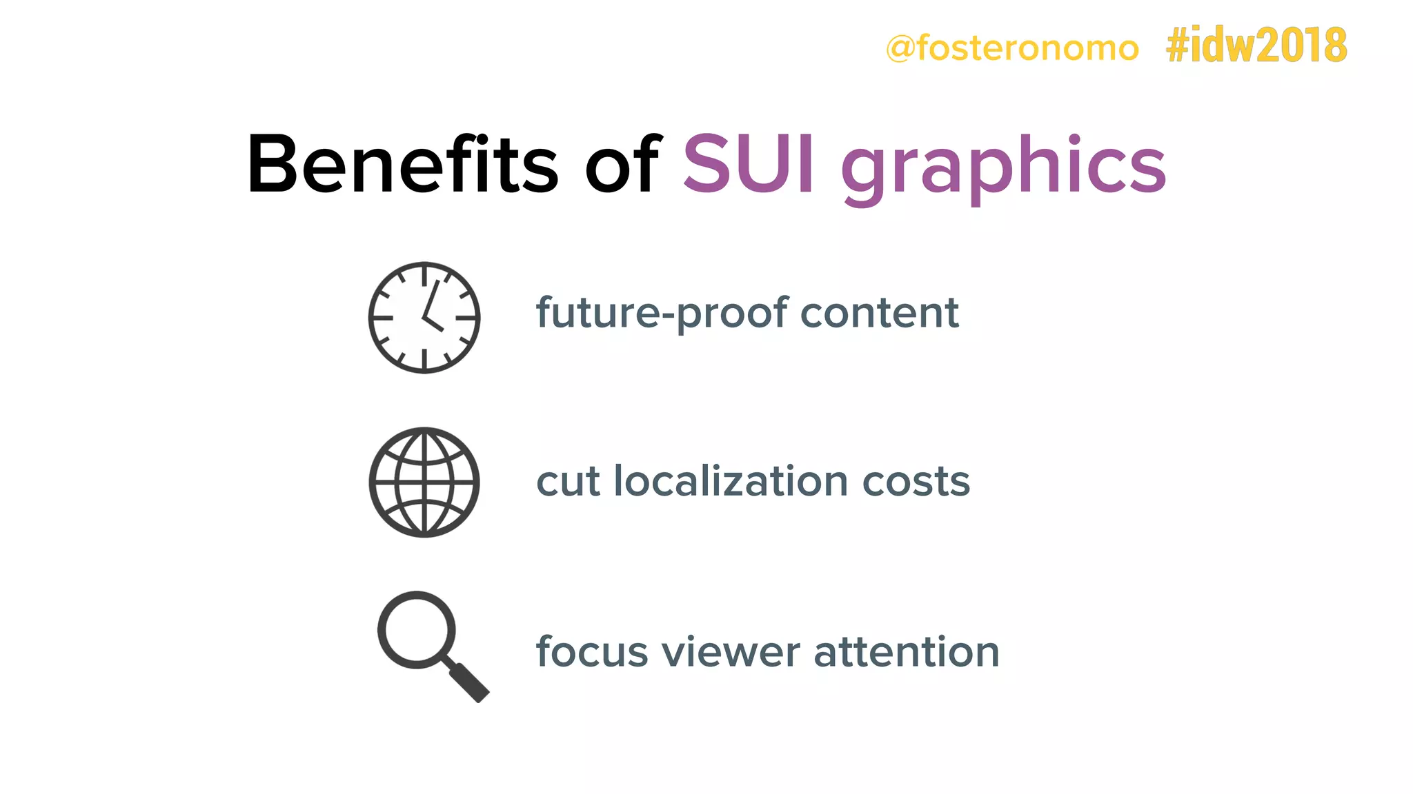 @fosteronomo
future-proof content
cut localization costs
focus viewer attention
Benefits of SUI graphics
 