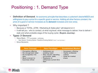 12
Positioning : 1. Demand Type
• Definition of Demand. An economic principle that describes a customer's desire/NEED and
willingness to pay a price for a specific good or service. Holding all other factors constant, the
price of a good or service increases as its demand increases and vice versa.
• Why important ?
• Because yr TOTAL „GTM- / Marketing & Sales plan“ will depend on it
• It will tell you : who to contact, at what org-level, what message to deliver, how to deliver /
style and what probable stage of the buying cycle ( Buyers Journey)
• Types Of Demand
• Steve Blank : ??? incomplete - confusing
• New Market / Existing Market / Redefine Existing Market ( Niche / Low-Cost entrant )
• Sirius Decisions
 
