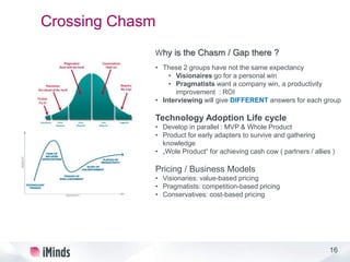 16
Crossing Chasm
Why is the Chasm / Gap there ?
• These 2 groups have not the same expectancy
• Visionaires go for a personal win
• Pragmatists want a company win, a productivity
improvement : ROI
• Interviewing will give DIFFERENT answers for each group
Technology Adoption Life cycle
• Develop in parallel : MVP & Whole Product
• Product for early adapters to survive and gathering
knowledge
• „Wole Product“ for achieving cash cow ( partners / allies )
Pricing / Business Models
• Visionaries: value-based pricing
• Pragmatists: competition-based pricing
• Conservatives: cost-based pricing
 