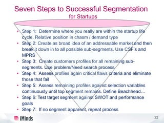 22
Seven Steps to Successful Segmentation
for Startups
• Step 1: Determine where you really are within the startup life
cycle. Relative position in chasm / demand type
• Step 2: Create as broad idea of an addressable market and then
break it down in to all possible sub-segments. Use CSF’s and
MPRS
• Step 3: Create customers profiles for all remaining sub-
segments. Use problem/Need search process
• Step 4: Assess profiles again critical flaws criteria and eliminate
those that fail
• Step 5: Assess remaining profiles against selection variables
continuously until top segment remains. Define Beachhead…
• Step 6: Test target segment against SWOT and performance
goals
• Step 7: If no segment apparent, repeat process
 
