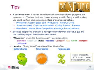 38
Tips
• A business driver is related to an important objective that your prospects are
measured on. The best business drivers are very specific. Being specific makes
you stand out from your competitors. Here are some examples…
• Profitability Cost of goods sold Productivity Revenue Costs
• Speed to market Customer satisfaction Quality Returns Reviews
• New clients Market Share Competitive advantage Turnaround time
• Because people only change if a new option is better than the status quo and
can positively impact their key business drivers.
• “Movement” words like these belong in value propositions:
Eliminate Speed Up Raise Minimize Decrease Cut Shrink Increase
Maximize
• Metrics : Strong Value Propositions Have Metrics Too
Dollars/Euros Time frames Percentages
To your prospects,
19.7% is much more
believable than 20%.
 