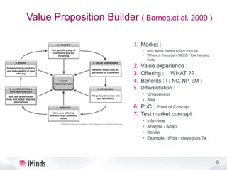 8
Value Proposition Builder ( Barnes,et al. 2009 )
1. Market :
• who wants /needs to buy from us
• Where is the urgent NEED / low hanging
fruits
2. Value experience :
3. Offering : WHAT ??
4. Benefits : f ( NC, NP, EM )
5. Differentiation :
• Uniqueness
• Aaa
6. PoC : Proof of Concept
7. Test market concept :
• Interview
• Analyse / Adapt
• Iterate
• Example : iPda - steve jobs 7x
 