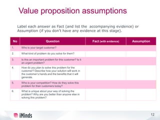 12
Value proposition assumptions
No Question Fact (with evidence) Assumption
1. Who is your target customer?
2. What kind of problem do you solve for them?
3. Is this an important problem for this customer? Is it
an urgent problem?
4. How do you plan to solve this problem for the
customer? Describe how your solution will work in
the customer’s hands and the benefits that it will
generate.
5. Who is your competition? How do they solve this
problem for their customers today?
6. What is unique about your way of solving the
problem? Why are you better than anyone else in
solving this problem?
Label each answer as Fact (and list the accompanying evidence) or
Assumption (if you don’t have any evidence at this stage).
 