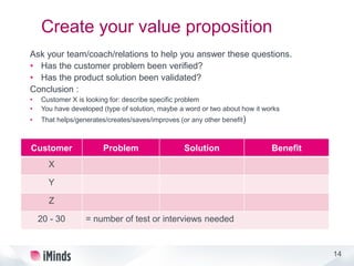 14
Create your value proposition
Ask your team/coach/relations to help you answer these questions.
• Has the customer problem been verified?
• Has the product solution been validated?
Conclusion :
• Customer X is looking for: describe specific problem
• You have developed (type of solution, maybe a word or two about how it works
• That helps/generates/creates/saves/improves (or any other benefit)
Customer Problem Solution Benefit
X
Y
Z
20 - 30 = number of test or interviews needed
 