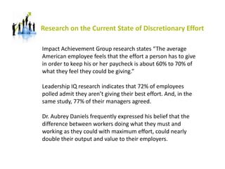 Research on the Current State of Discretionary Effort
Impact Achievement Group research states “The average
American emplo...
