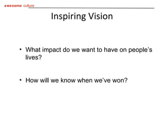 Inspiring Vision What impact do we want to have on people’s lives? How will we know when we’ve won? 