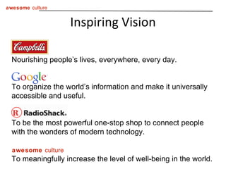 Inspiring Vision Nourishing people’s lives, everywhere, every day. To organize the world’s information and make it universally accessible and useful. To be the most powerful one-stop shop to connect people with the wonders of modern technology. To meaningfully increase the level of well-being in the world. awesome  culture 