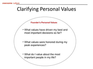 Clarifying Personal Values Founder’s Personal Values What values have driven my best and most important decisions so far? What values were honored during my peak experiences? What do I value about the most important people in my life? 