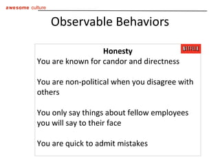 Observable Behaviors Honesty You are known for candor and directness  You are non-political when you disagree with others  You only say things about fellow employees you will say to their face  You are quick to admit mistakes  