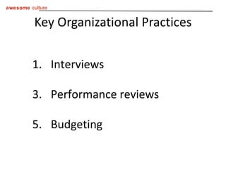 Key Organizational Practices Interviews Performance reviews Budgeting 