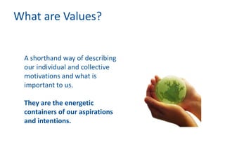 What are Values?
A shorthand way of describing
our individual and collective
motivations and what is
important to us.
They are the energetic
containers of our aspirations
and intentions.
 