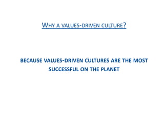 WHY A VALUES-DRIVEN CULTURE?
BECAUSE VALUES-DRIVEN CULTURES ARE THE MOST
SUCCESSFUL ON THE PLANET
 