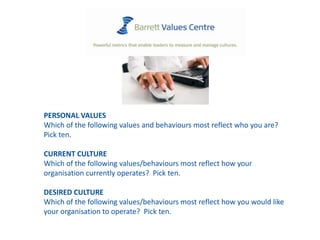 The Values Survey
PERSONAL VALUES
Which of the following values and behaviours most reflect who you are?
Pick ten.
CURRENT CULTURE
Which of the following values/behaviours most reflect how your
organisation currently operates? Pick ten.
DESIRED CULTURE
Which of the following values/behaviours most reflect how you would like
your organisation to operate? Pick ten.
 