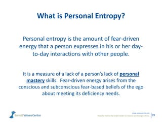 Powerful metrics that enable leaders to measure and manage cultures.
www.valuescentre.com
59
What is Personal Entropy?
Personal entropy is the amount of fear-driven
energy that a person expresses in his or her day-
to-day interactions with other people.
It is a measure of a lack of a person’s lack of personal
mastery skills. Fear-driven energy arises from the
conscious and subconscious fear-based beliefs of the ego
about meeting its deficiency needs.
 