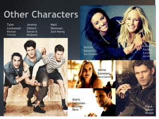 Other Characters
Tyler
Lockwood -

Jeremy
Gilbert -

Matt
Donovan -

Michael
Trevino

Steven R.
McQuenn

Zach Roerig

Caroline
Forbes -

Bonnie
Bennett Kat Graham

Candice
Accola

Jenna
Sommers Sara Canning

Alaric
Saltzman Matthew
Davis

Klaus Joseph
Morgan

 